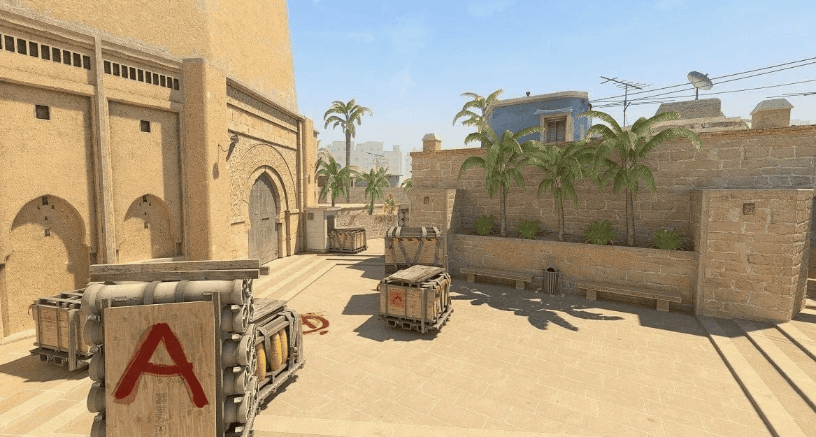 Oznaczenia kluczowych pozycji na mapie Mirage w CS2